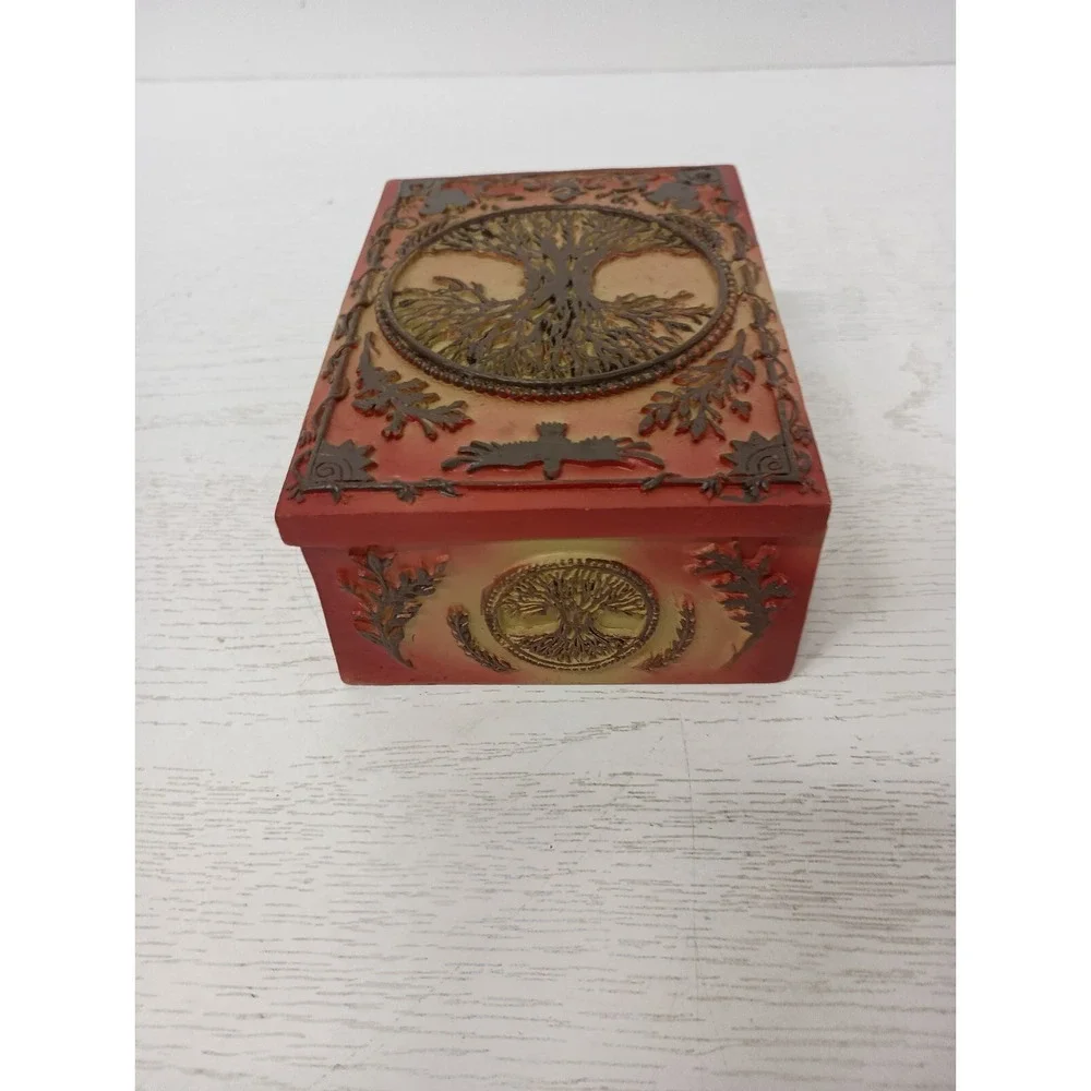 Tree Of Life Jewelry Trinket Box Intricate Raised Design Hand Painted BOHO